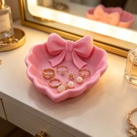 Durable Plastic Heart Tray with Pink Bow, Jewelry Storage Holder for Dresser & Nightstand