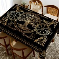 Golden Viking Crow Rectangle Tablecloth Holiday Party Decor Tree of Life Norse Rune Symbols Table Cloths for Kitchen Table Decor