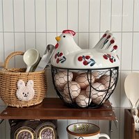 Farmhouse Hen-Shaped Ceramic & Metal Wire Egg Basket with Lid - Multi-Use Storage Holder for Eggs, Fruits & Vegetables