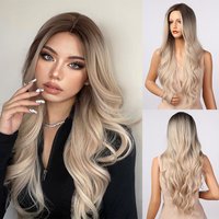 HENRY MARGU Lange gewellte Ombre Braun Platin Blonde Synthetische Perücken für Frauen Hitzebeständige natürliche Cosplay Party Lolita Haarperücken