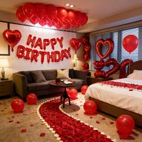 253pcs HAPPY BIRTHDAY Balloon 18in Red Heart Foil Balloon, 200pcs Artificial Petals for Birthday Valentine's Day Party Decor