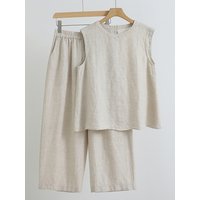2026 New Simple Cotton Linen Vest Top Wide Leg Pants Women Summer Casual Set Breathable Loose Fit round Neckline Sleeveless