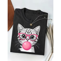 Trendy Casual Style Bubble Gum Cat Graphic TShirt Cute Kitty Wearing Glasses Print Tee Perfect for Home T Shirts Women Clothing