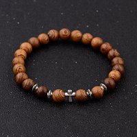 Mens Christian Cross for Bracelet Wooden Buddhist Prayer Artificial Sliver Color Beaded Bracelet Jewelry Hommes Bijoux Gift