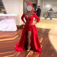 Sexy Red Satin Cocktail Dress for Women Beading Mini Short Sweetheart Cocktail Gown Sheath Long Sleeve Party Gown