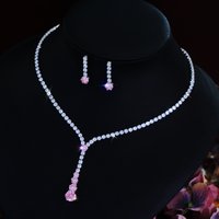 CWWZircons Elegant Shiny Round Pink White Cubic Zircon Bridal Necklace Earring Wedding Party Costume Jewelry Set for Women T1029