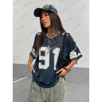 Oversized T-shirt For Women V-Neck Short Sleeve Summer Patchwork Blue Speed 91 Print Casual Tees Sports Football Jersey Y2k Tops