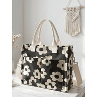 Retro Beige Flower Print Black Corduroy Tote Bag Large Capacity Multi Pocket Commuter Shoulder Bag
