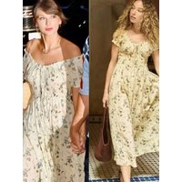 Cute Floral Print round Neck Short Sleeve Summer Dress Beach Vacation Countryside Style High Waist A-Line Skirt Daily Wear