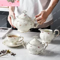 Golden Edge Small Floral Coffee Set Cream Color Vintage Pastoral Style Milk Tea Scented Tea Kettle Set