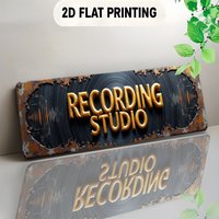 2D Flat, Vintage Recording Studio Metal Sign - Large 3.94x15.75 Inch (10x40cm) Music Decor with Golden Lettering & Sound Waves