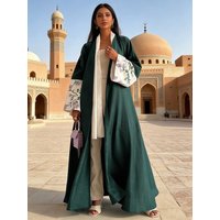Chic Forest Green Open-Front Abaya Floral Embroidered Cuffs Set Women Muslim Moroccan Kaftan Ramadan Islam Dubai Arabic Robes
