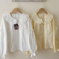 Deeptown Japanese Style Kawaii Shirts Women Sweet Bow White Lolita Ruffle Blouses Vintage Preppy Style Yellow Long Sleeve Shirt