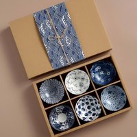 6Pcs Japanese Underglaze Blue White Porcelain Bowl Set Floral Rice Noodle Bowls Kraft Gift Box Microwave Safe Housewarming Gift