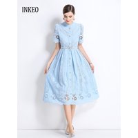 Elegant Short sleeve Lace embroidery Midi dress for women 2025 Summer Luxury Hollow out dresses with pearl belt Blue INKEO 5D161