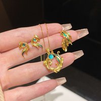 New in Art Blue Green Enamel glossy flying fish earrings for women rings necklace Retro Classical Wedding Jewelry Sets