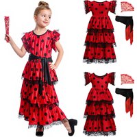 Childrens Girl Flamenco Costume 3 Piece Set Lace Patchwork Dance Dress with Detachable Waist Tie And Fan Lyrical Latin Dancewear