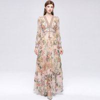 Bohemian Floral Chiffon Maxi Dress Women V Neck Long Lantern Sleeve High Waist Long Dress Elegant Beach Holiday Party Dresses