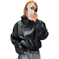 Stylish Pu Leather Jacket Stand-collar Loose Long Sleeved Coat Cool Casual Chic Versatile Outerwear New Autumn Women Streetwear