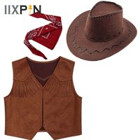 Kid Boys Girls Halloween Cowboy Costume Children Vest Hat with Bandanna Set Western Cowgirl Cosplay Event Party Dress Up