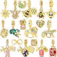 Sparkling 925 Sterling Silver Golden Horseshoe Leopard Clover Sun Charms Beads Airplane Bee Pendant Fit Bracelet Necklaces Gifts