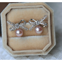 Natural pearl earrings with a high-end feel, unique and beautiful lace bow earrings AAAA7-8mm