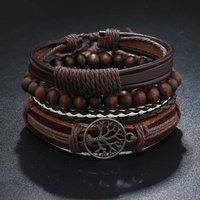 Fashion Vintage Men's Leather Bracelet Cupid's Arrow Wooden Beaded Leather Hand Woven Retro Fashion Bracelets For Men