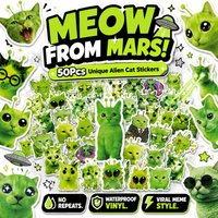 50Pcs Alien Cat Stickers Pack Green Weird Cat Decals for Laptop Water Bottle Scrapbook Journal DIY Decor Stickers