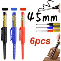 6Pcs 45mm Waterproof Long Head Nib Deep Hole Markers Pen Tile Carpenter Pen Multi-purpose for Woodworking Black/Blue/Red Ink