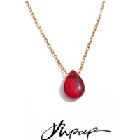 Yhpup Stainless Steel Red Exquisite Resin Water Drop Pendant Necklace for Women Daily Stylish Chic Collar Jewelry Accessories