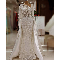 Ivory Pearls Wedding Party Dress Tassels Beading Arabic Full Sleeves Prom Gowns Robe De Soiree Customized With Detachable Train