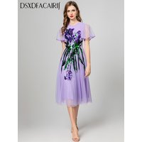 DSXDFACAIRIJ Women's Sequins Embroidery Mesh Dress O-Neck Short Sleeve Elegant Party Summer Fashion Female Clothing