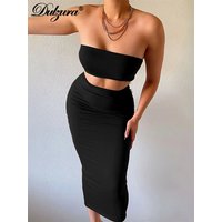 Dulzura Solid Women 2 Piece Set Tube Crop Top Midi Skirt Bodycon Sexy Streetwear Party Club Elegant Matching Co Ords 2021 Summer