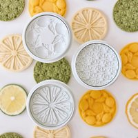 3pcs Lemon-Shaped Round Pattern Cookie Cutter Embosser Set Flower Scale Texture Press Molds for Baking Fondant Sandwich Cookies