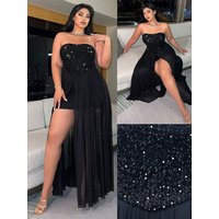 New Plus-Size Elegant Sequined Strapless Slit Dress Women Party Evening Maxi Dresses Black Flowy Wedding Vacation Long Sundress