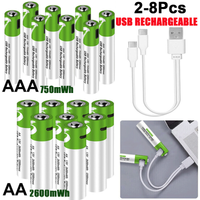 AA 2600mWh & AAA 750mWh 1.5V AA AAA USB Rechargeable Li-ion Batteries Type-C Cable Charging for Mouse Clock Shaver Hermometer