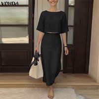 VONDA 2PCS Summer Dress Sets Women Two-piece Outfits Half Sleeve Tops Long Skirts Solid Color Matching Sets Streetwear Oversize