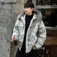 LUZHEN 2025 Winter New Handsome Gray Camouflage Printed Fur Hooded Parka Coat Men's Fashion High Quality Padded Clothes JY5014