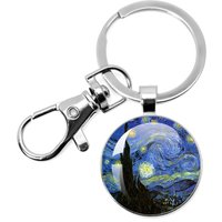 Van Gogh Art Starry Night Sunflower Keychain Glass Cabochon Dome Pendant Keyholder Fashion 25mm/30mm Keychain Charm Jewelry Gift