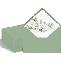 50 Pack 5 x 7 Inches Sage Green Envelopes Floral Pattern Invitation Envelopes V-flap Water Gummed 150GSM Thick Paper for Wedding