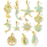 2 Pcs Blue Cubic Zirconia Ocean Charms Starfish Mermaid Conch Sun Shaped Melon Brass 18K Gold Plated Pendants For DIY Necklace