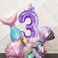 33PCS Mermaid Shell Number Balloon Set Mermaid Theme Foil Balloons for Girls Birthday Baby Shower Under The Sea Party Decor