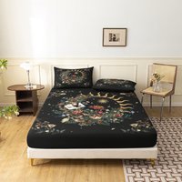 3pcs Black Bohemian Golden Sun Fitted Sheet Set Four-season Luxury Printed Bedding Home or Dorm(1 Fitted Sheet+2 Pillowcases)