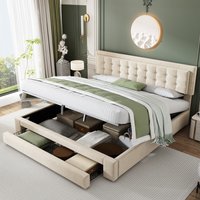 PINGGO Upholstered bed,King Size Bed-5ft(150*200cm), velvet fabric, double bed, With Slats and Headboard,Without Mattress,Cream