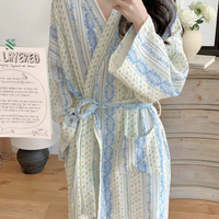 Sweet, Fresh, And Retro Striped Floral Nightgown and Pajamas for Women: Long-Sleeve Bathrobe for Spring and Fall, Loungewear