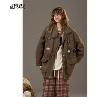 ELFSACK 2025 Autumn New Arrivals Y2K Casual Retro Multiple Pockets Loose Denim Jacket For Woman