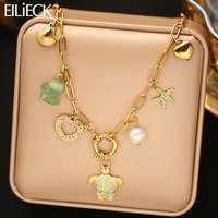 EILIECK Beach-Style Turtle Starfish Heart Necklace For Women 18K Gold PVD Plated Stainless Steel Neck Chain Jewelry Holiday Gift