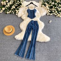 Two Pieces Women Pant Set Denim Matching Set Solid Camisole Sleeveless Top Zipper Fly Empire Waist Full Length Pants 2026 Summer