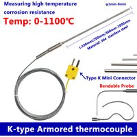 Armoured Thermocouple K Type Bendable Sensor Wire 1mm//2mm/3mm-8mm Dia 100/200/300mm WRNK-191 0-1100 Degree temperature sensor