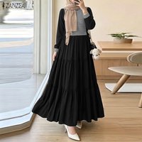 Elegant Muslim Abaya ZANZEA Women Patchwork Maxi Long Dress O Neck Long Sleeve Pleated Sundress Dubai Robe Femme Casual Kaftan